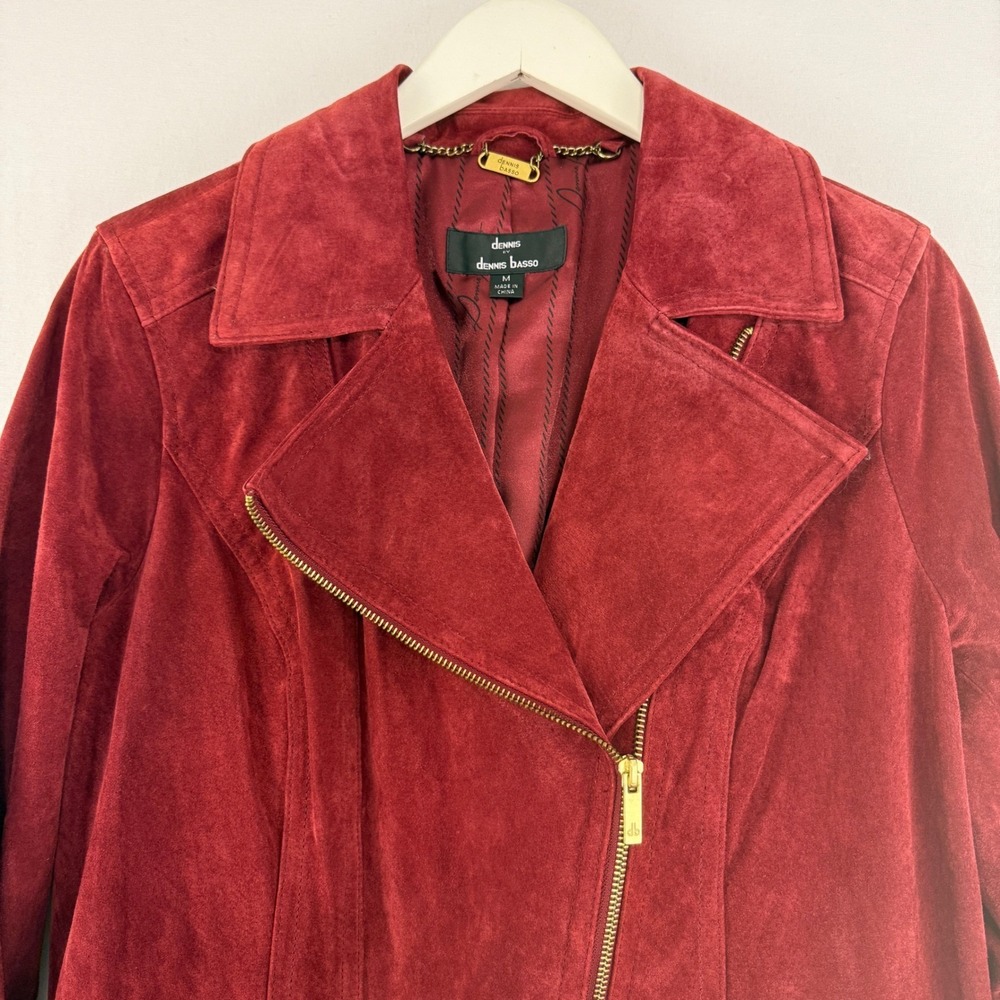 Dennis Basso Red Suede Leather Moto Jacket Zip Front Collar‎ Women's M